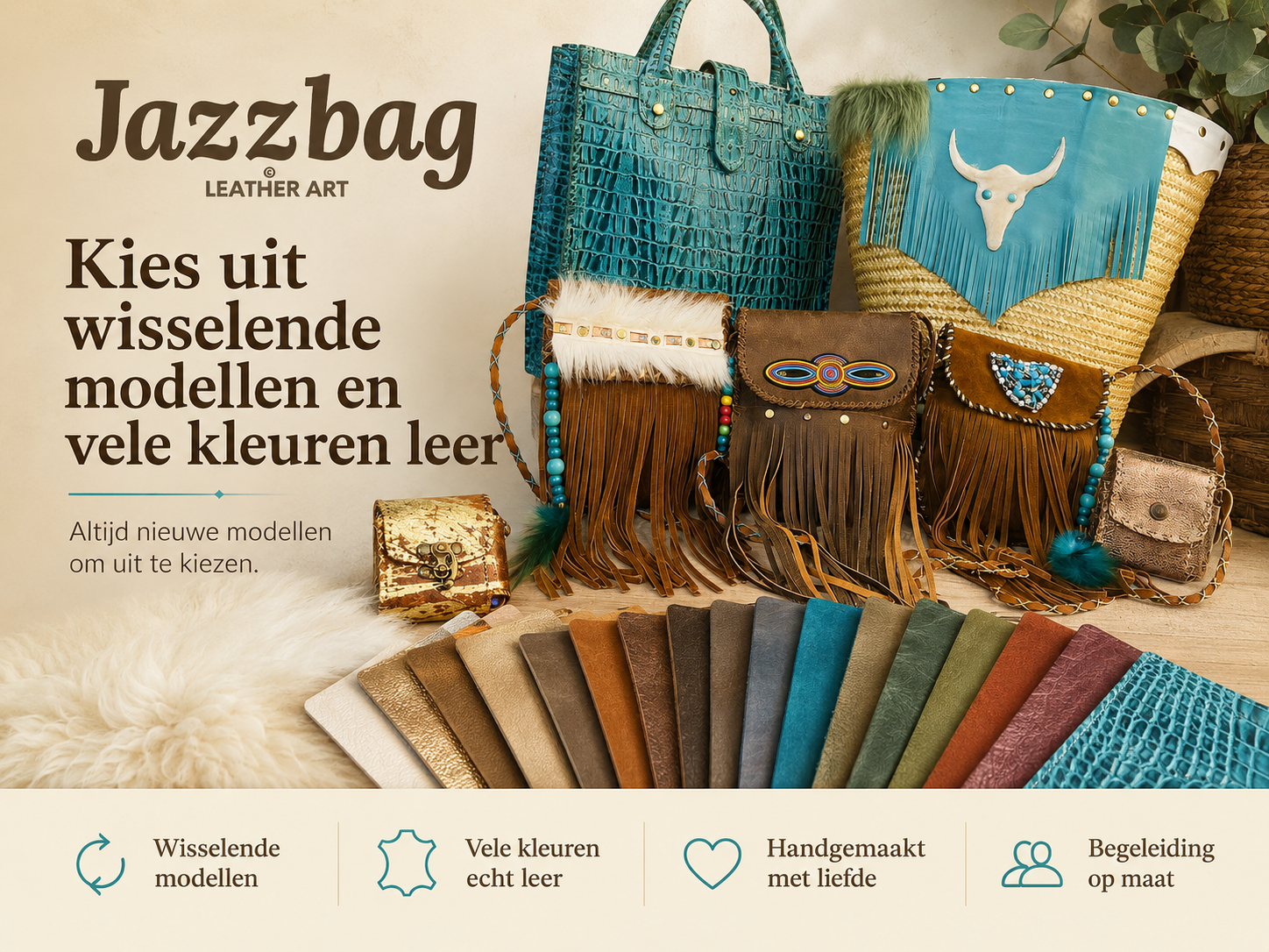 Wisselende Jazzbag modellen en vele kleuren leer
